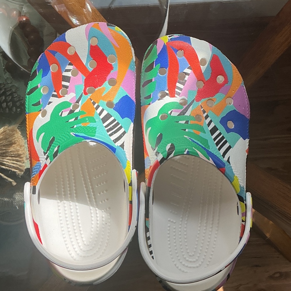 CROCS Kids White Clogs with Bright Multi-Color Tropical Print